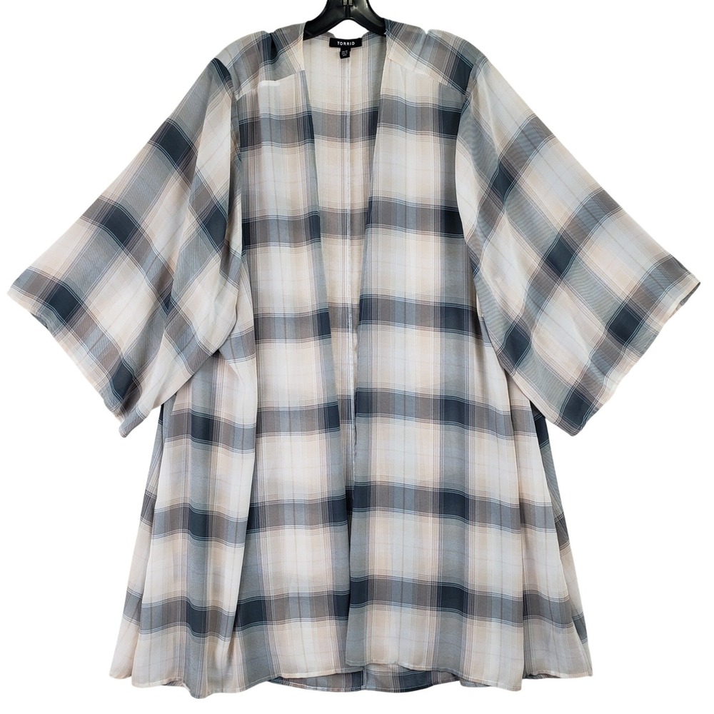 Torrid Plaid Kimono Wrap Women 5/6 Grey Neutral Layering Flowy